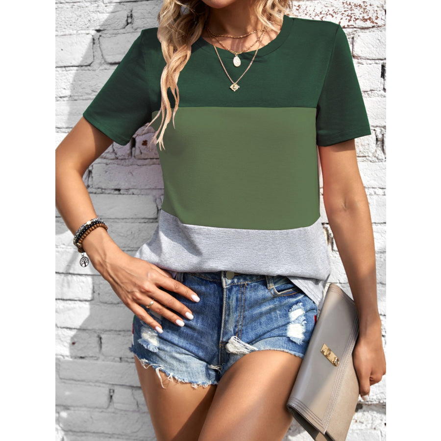 Color Block Round Neck Short Sleeve T-Shirt Apparel and Accessories