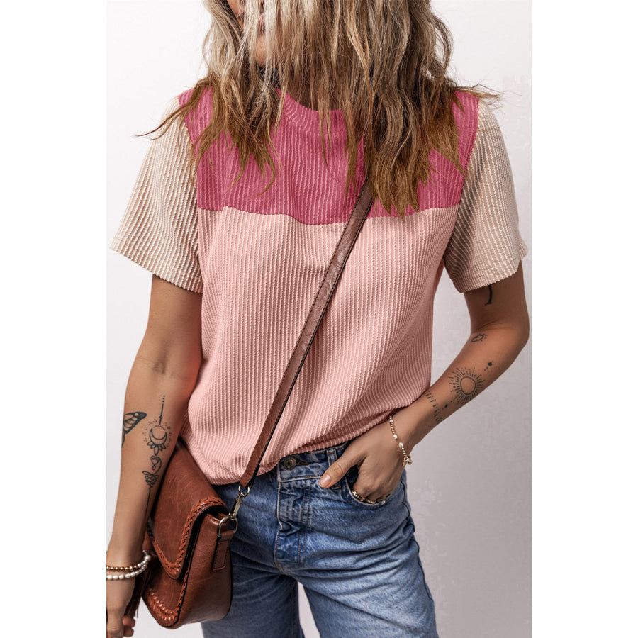 Color Block Round Neck Short Sleeve T - Shirt Apparel and Accessories