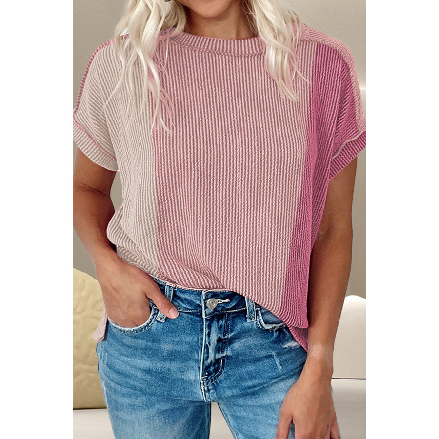 Color Block Round Neck Short Sleeve T-Shirt Blush Pink / S Shirts & Tops