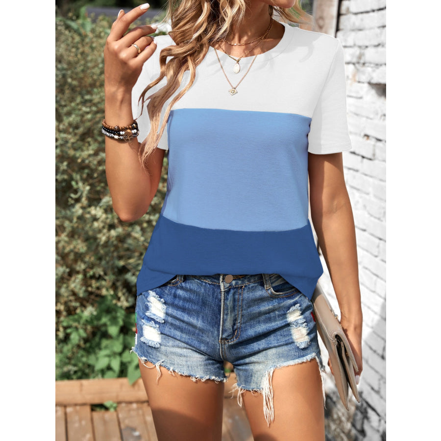 Color Block Round Neck Short Sleeve T-Shirt Light Blue / S Apparel and Accessories