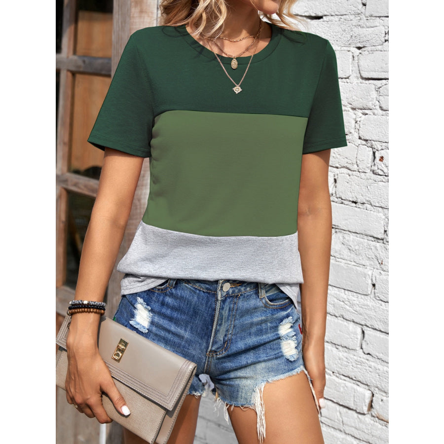 Color Block Round Neck Short Sleeve T-Shirt Moss / S Apparel and Accessories