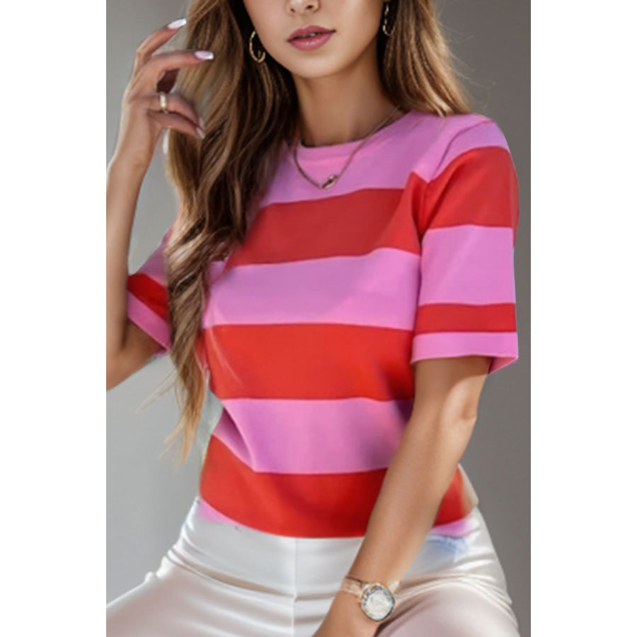 Color Block Round Neck Short Sleeve T-Shirt Pink / S Apparel and Accessories