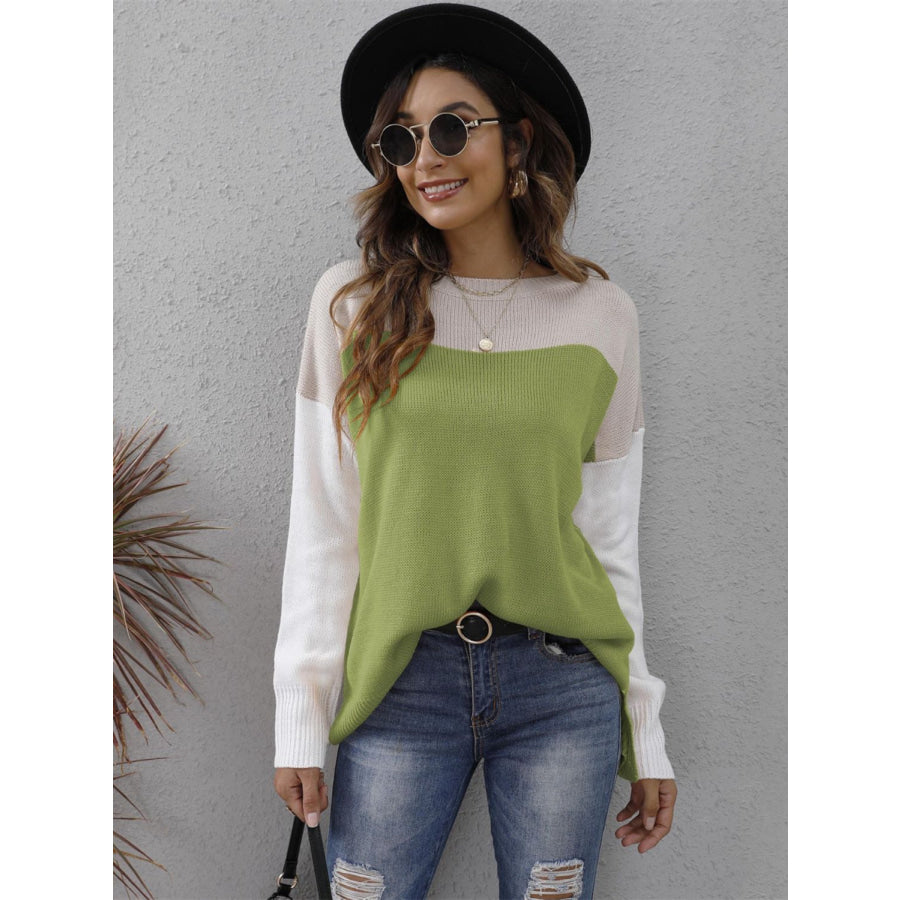 Color Block Round Neck Sweater Apparel and Accessories