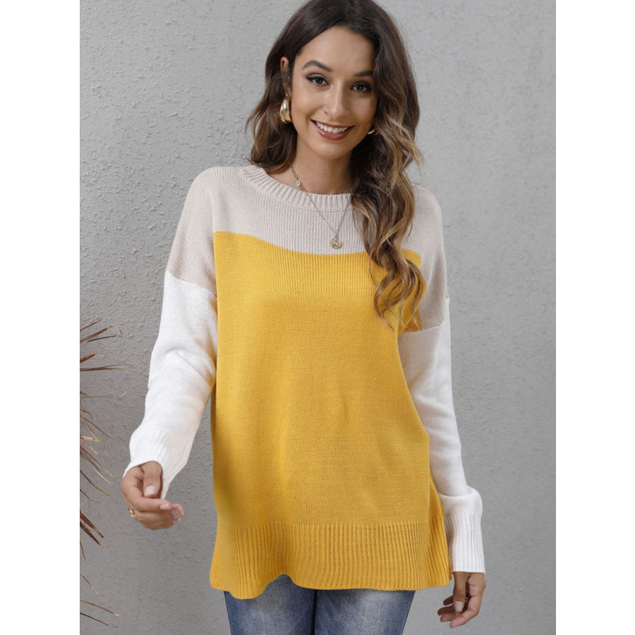 Color Block Round Neck Sweater Apparel and Accessories