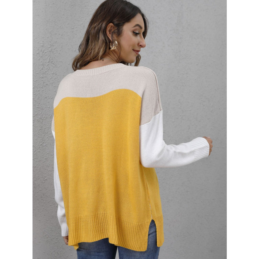 Color Block Round Neck Sweater Gold / S Apparel and Accessories