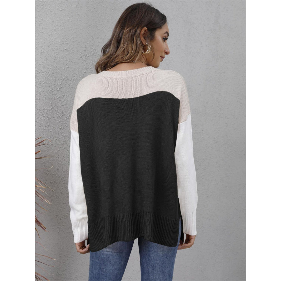 Color Block Round Neck Sweater Apparel and Accessories