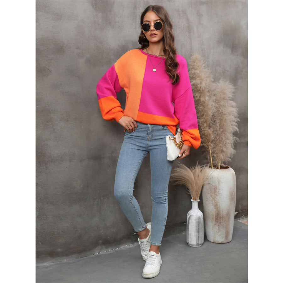 Color Block Round Neck Sweater Apparel and Accessories