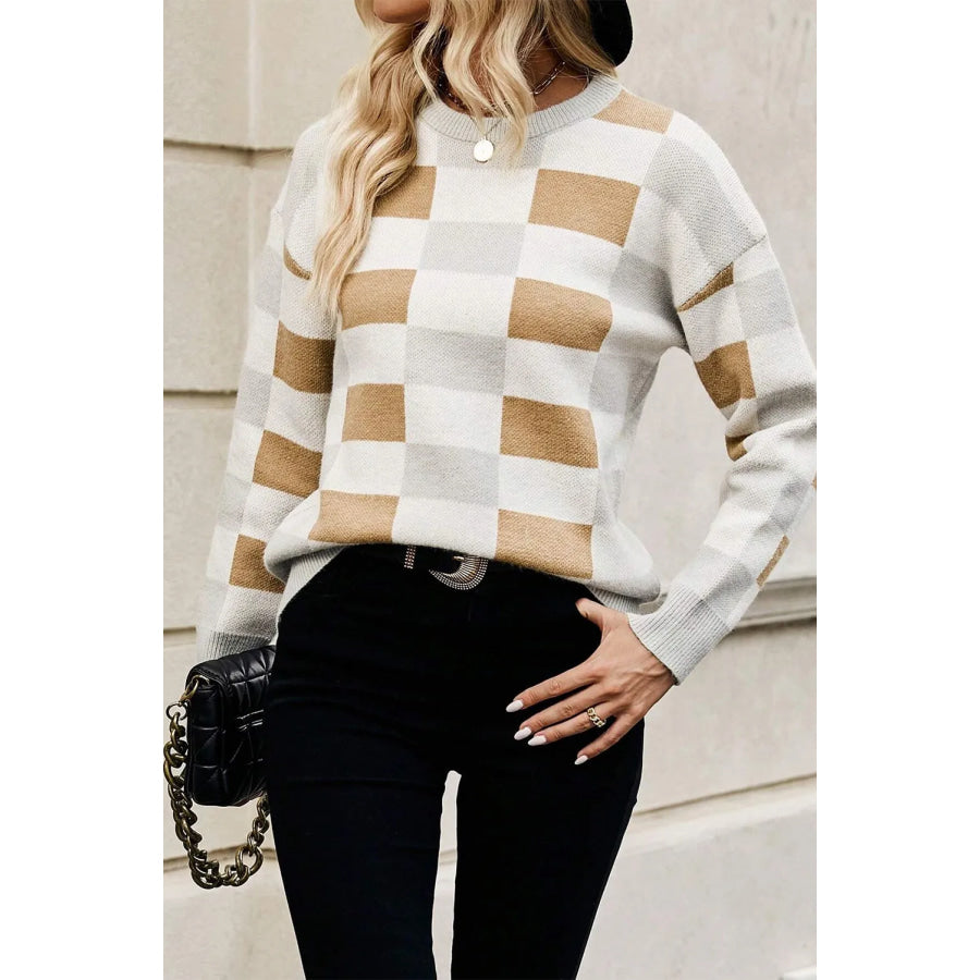 Color Block Round Neck Sweater Tan / S Apparel and Accessories