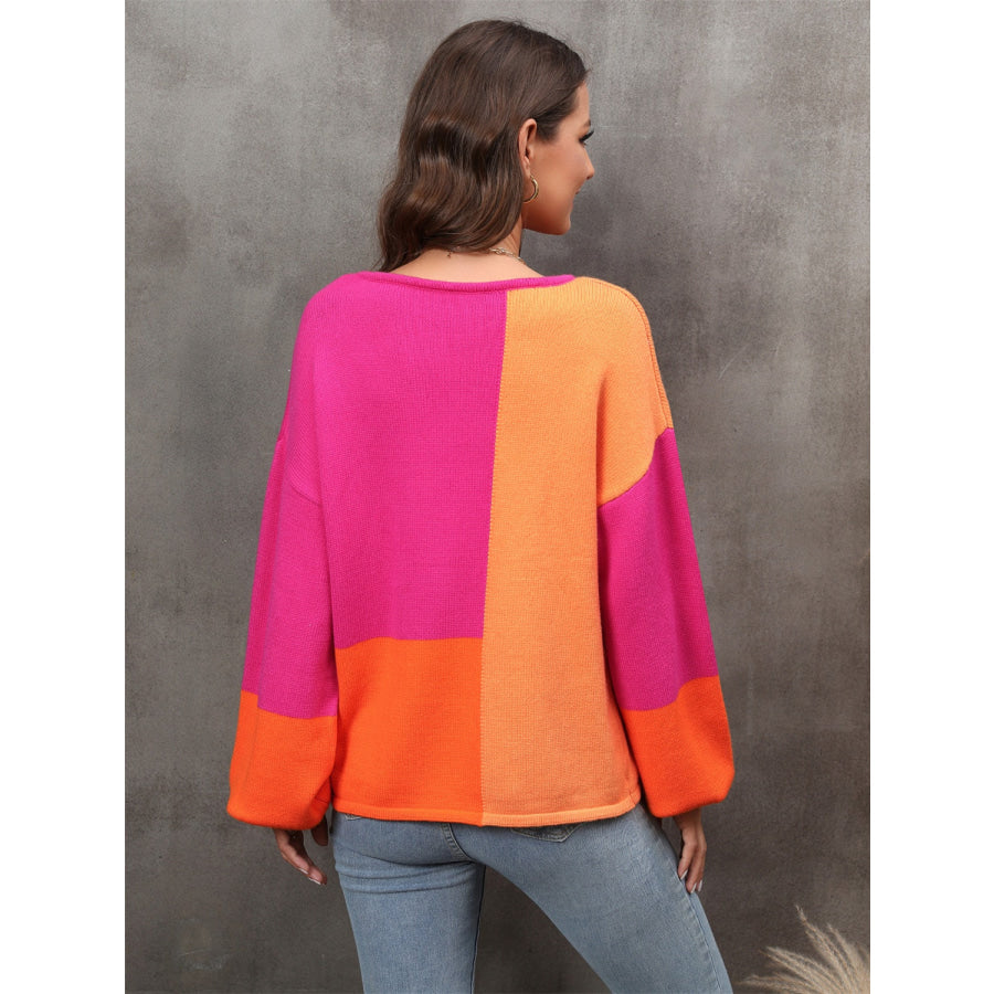 Color Block Round Neck Sweater Apparel and Accessories
