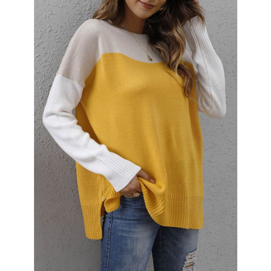 Color Block Round Neck Sweater Apparel and Accessories