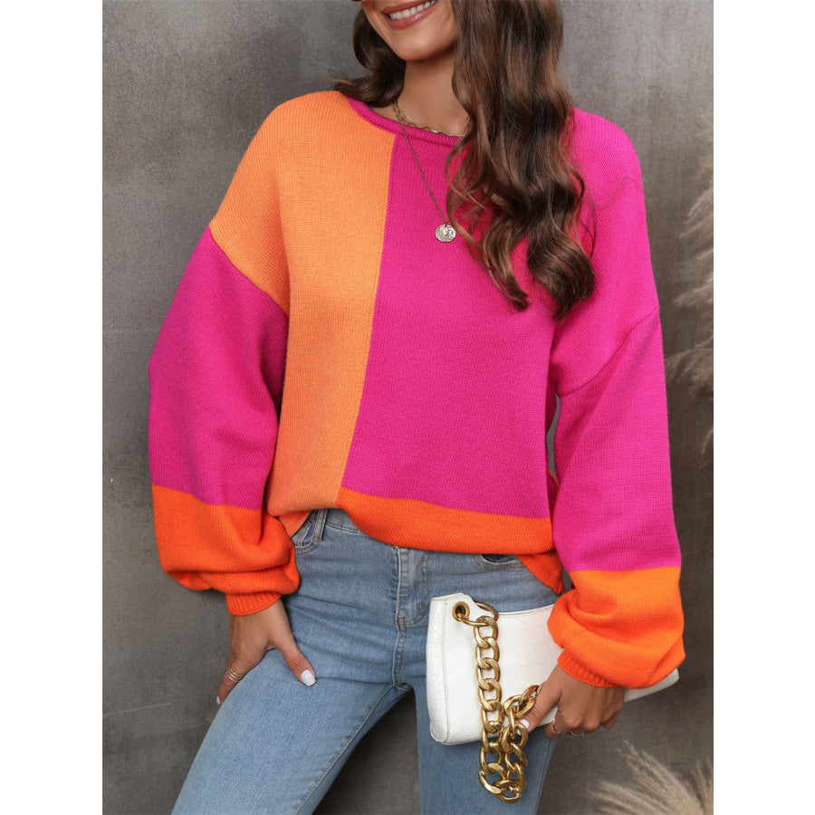 Color Block Round Neck Sweater Apparel and Accessories