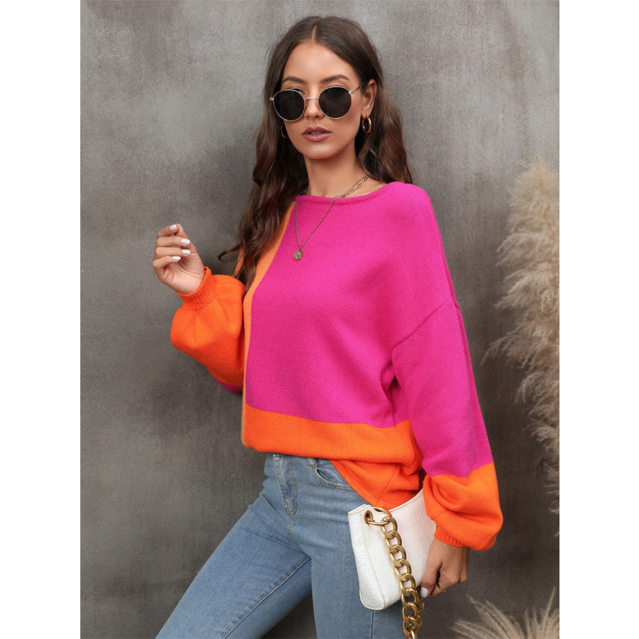 Color Block Round Neck Sweater Apparel and Accessories