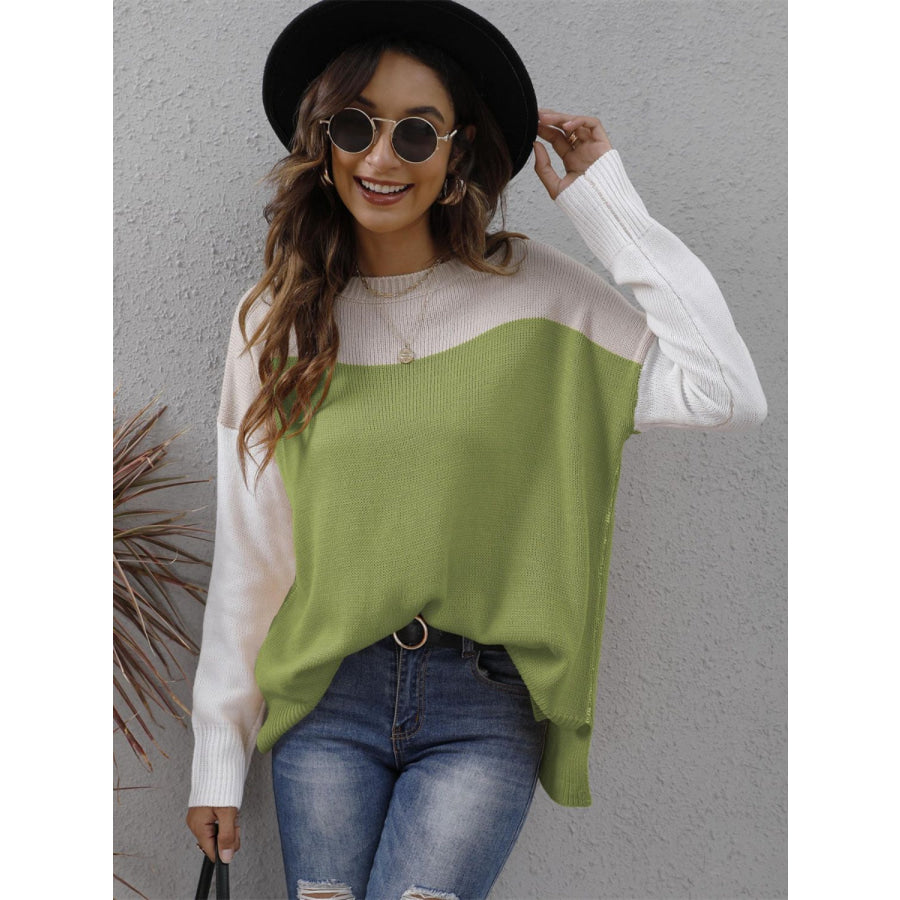 Color Block Round Neck Sweater Apparel and Accessories