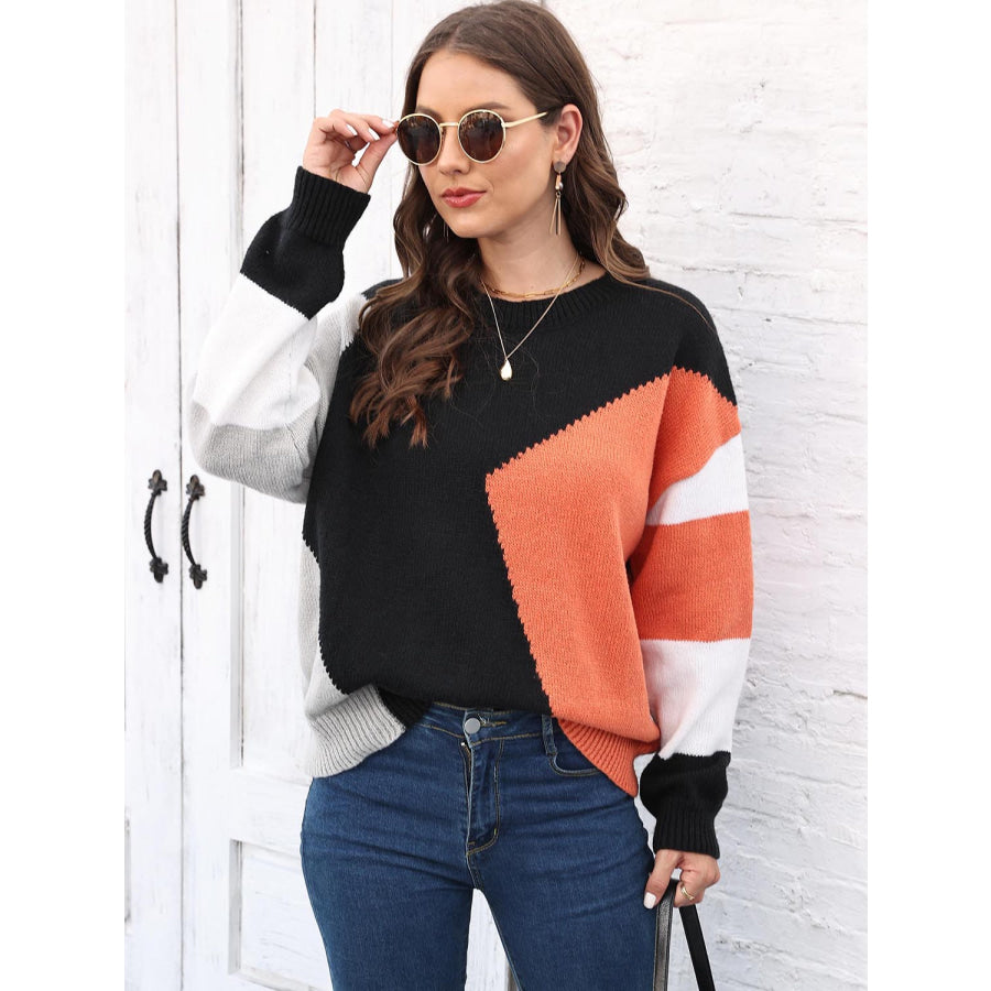 Color Block Round Neck Sweater Black / One Size