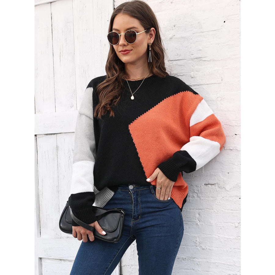 Color Block Round Neck Sweater Black / One Size