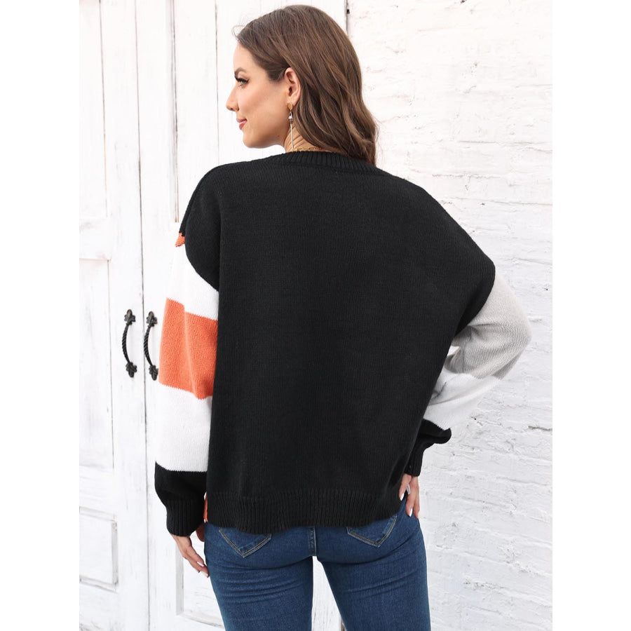 Color Block Round Neck Sweater Black / One Size