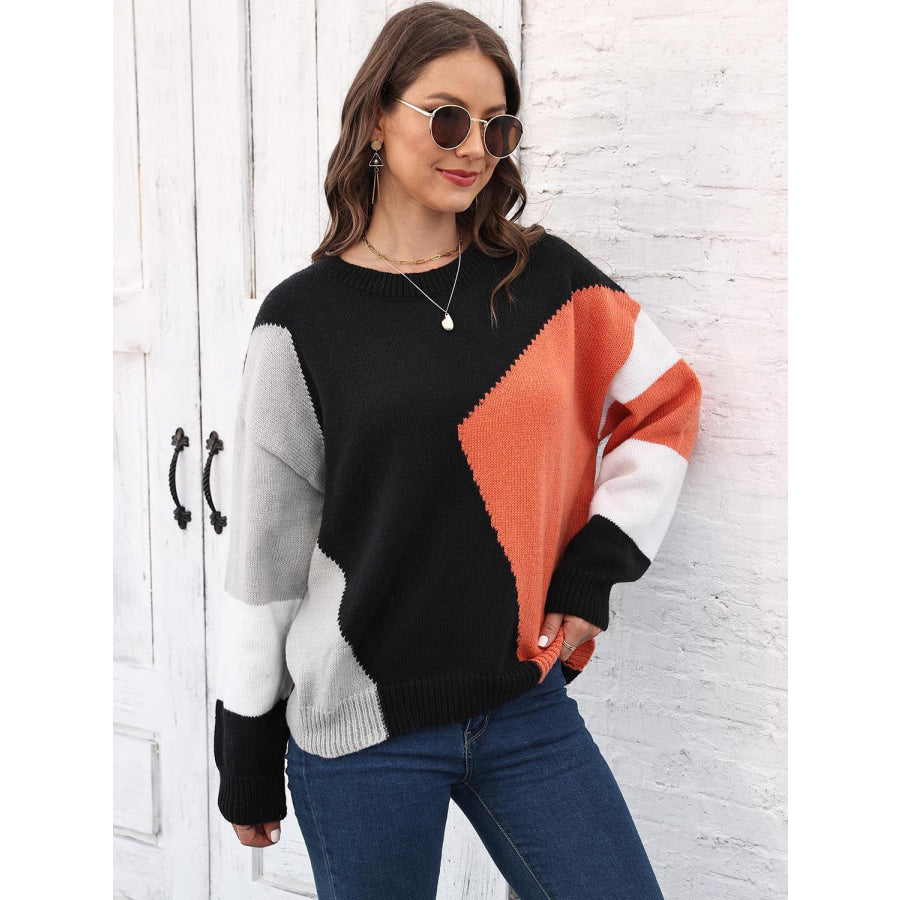 Color Block Round Neck Sweater Black / One Size