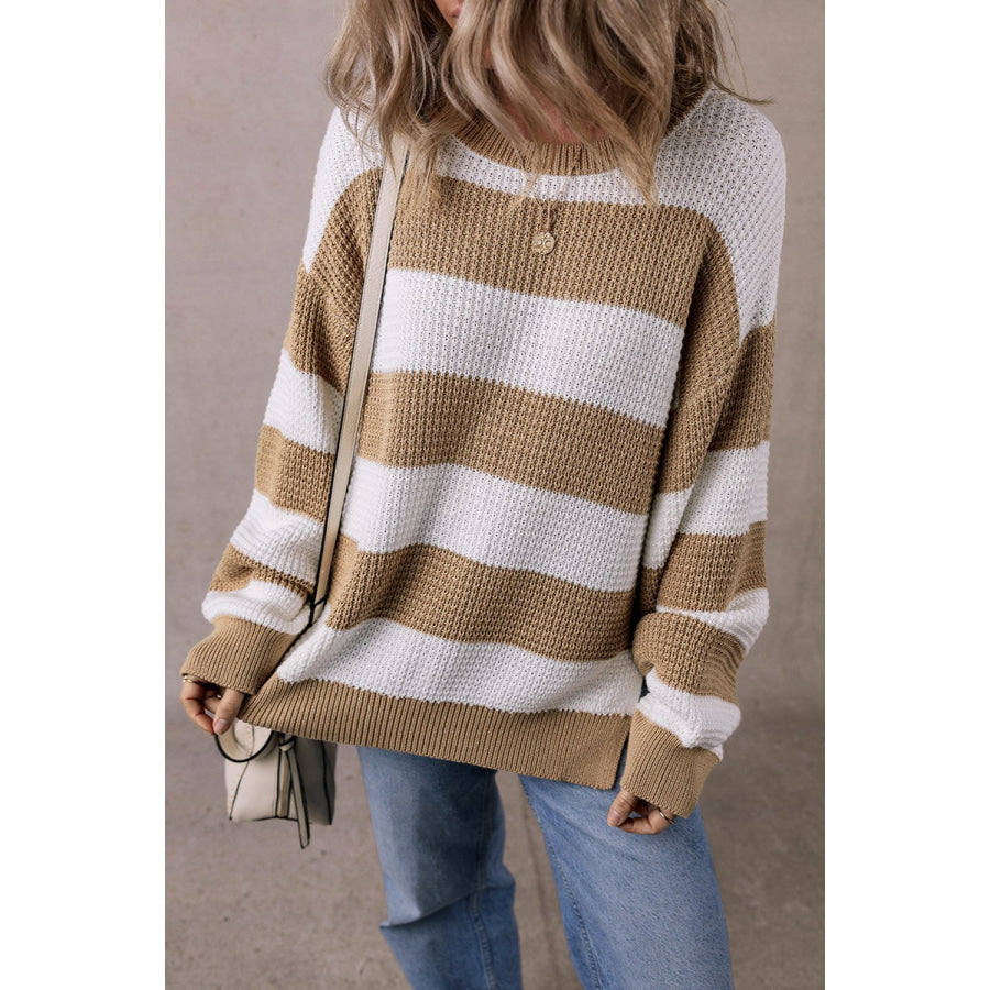 Color Block Round Neck Sweater Camel / S Apparel and Accessories