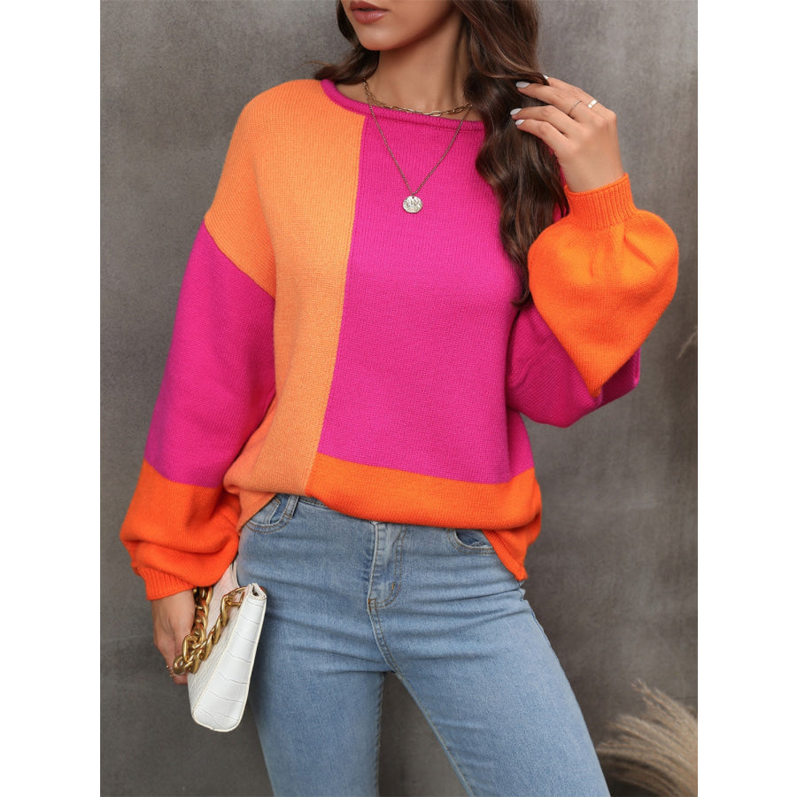 Color Block Round Neck Sweater Hot Pink / S Apparel and Accessories