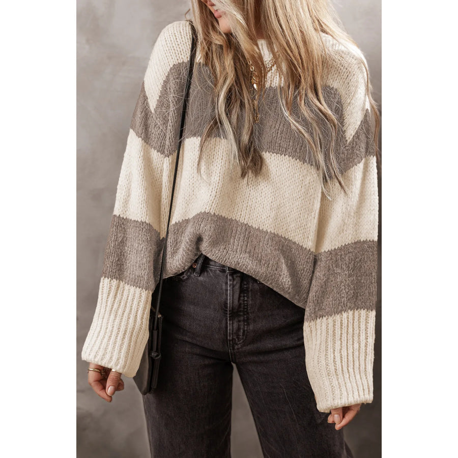 Color Block Round Neck Sweater Mocha / S Apparel and Accessories
