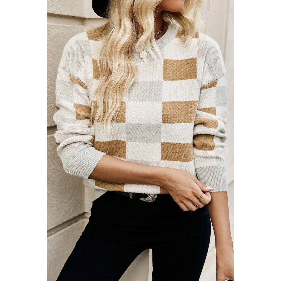 Color Block Round Neck Sweater Tan / S Apparel and Accessories