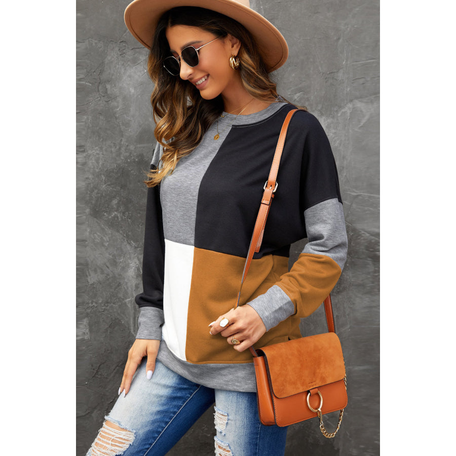 Color Block Round Neck Sweatshirt Apparel and Accessories