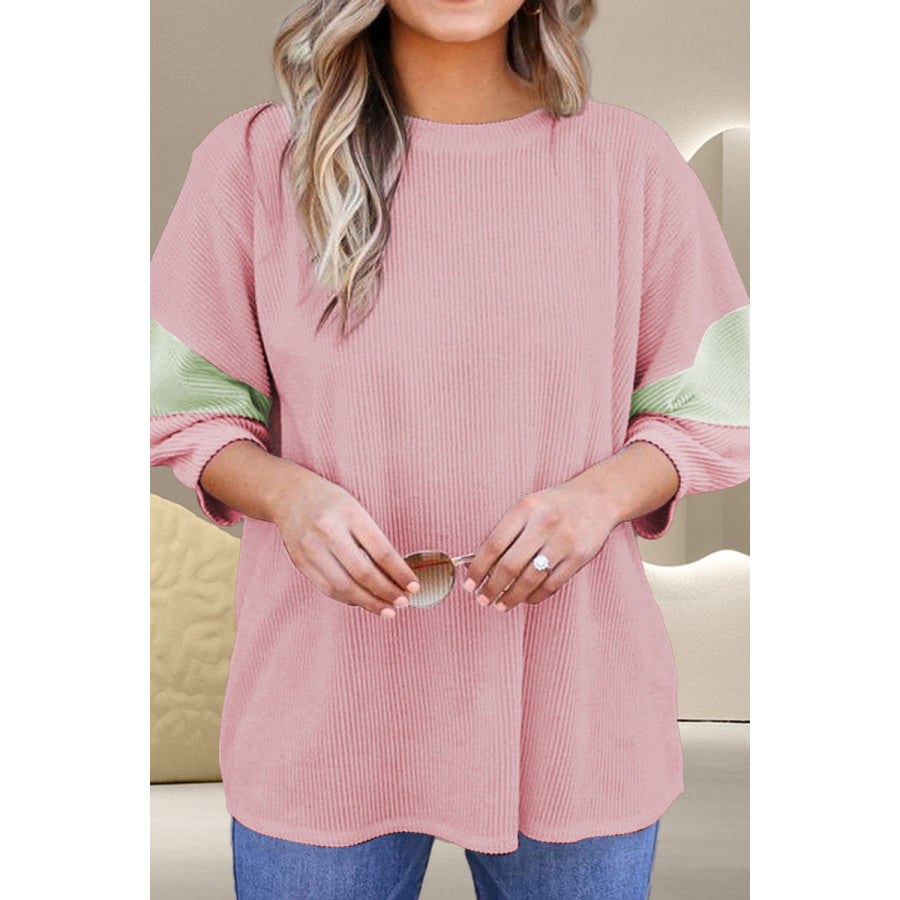 Color Block Round Neck Three-Quarter Sleeve Blouse Blush Pink / S Apparel and Accessories