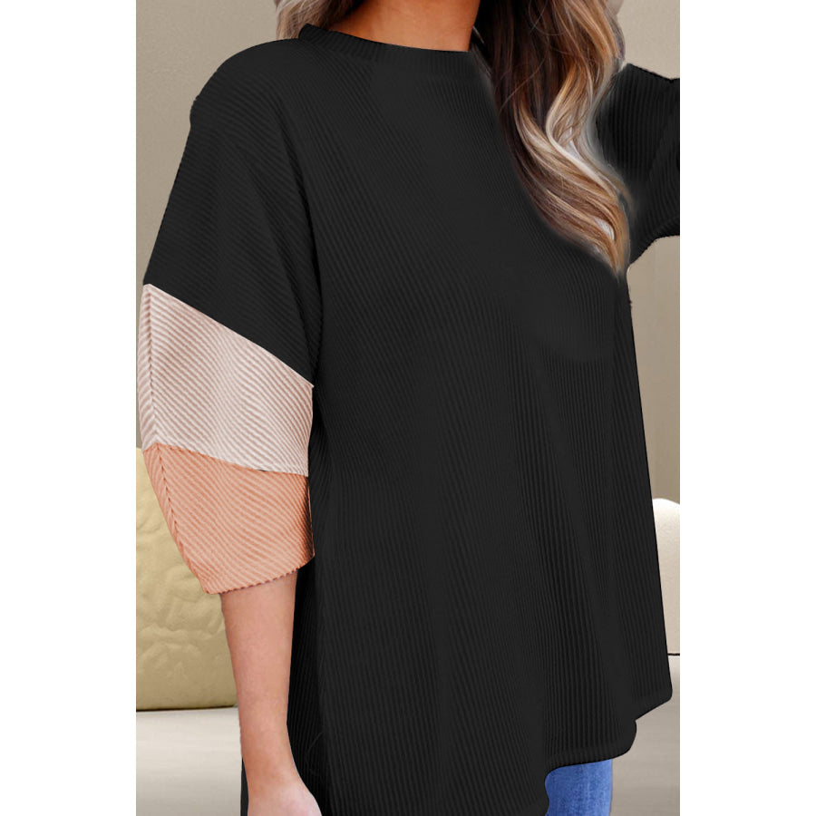 Color Block Round Neck Three-Quarter Sleeve Blouse Apparel and Accessories