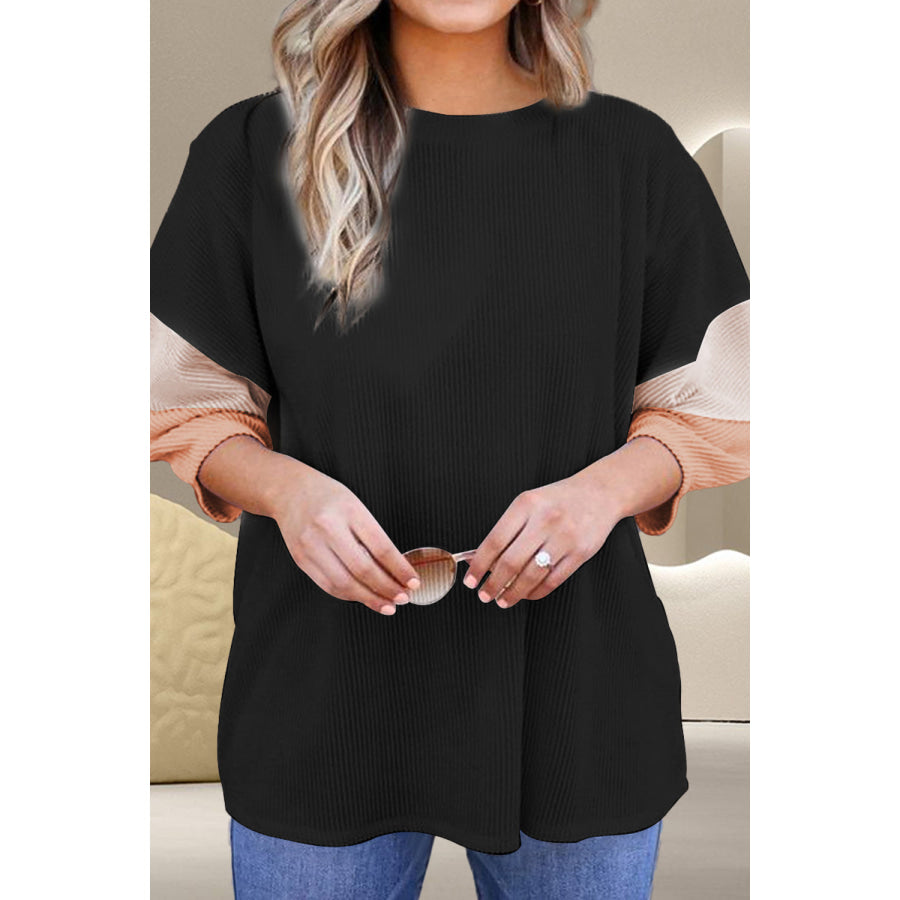 Color Block Round Neck Three-Quarter Sleeve Blouse Apparel and Accessories