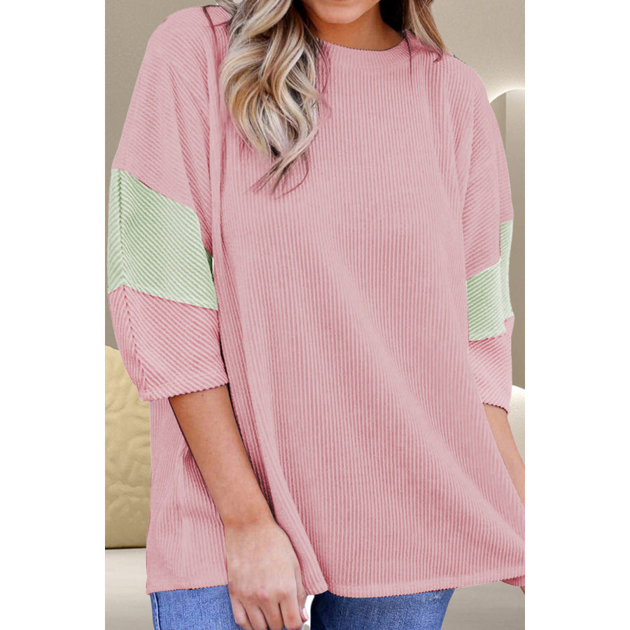 Color Block Round Neck Three-Quarter Sleeve Blouse Blush Pink / S Apparel and Accessories