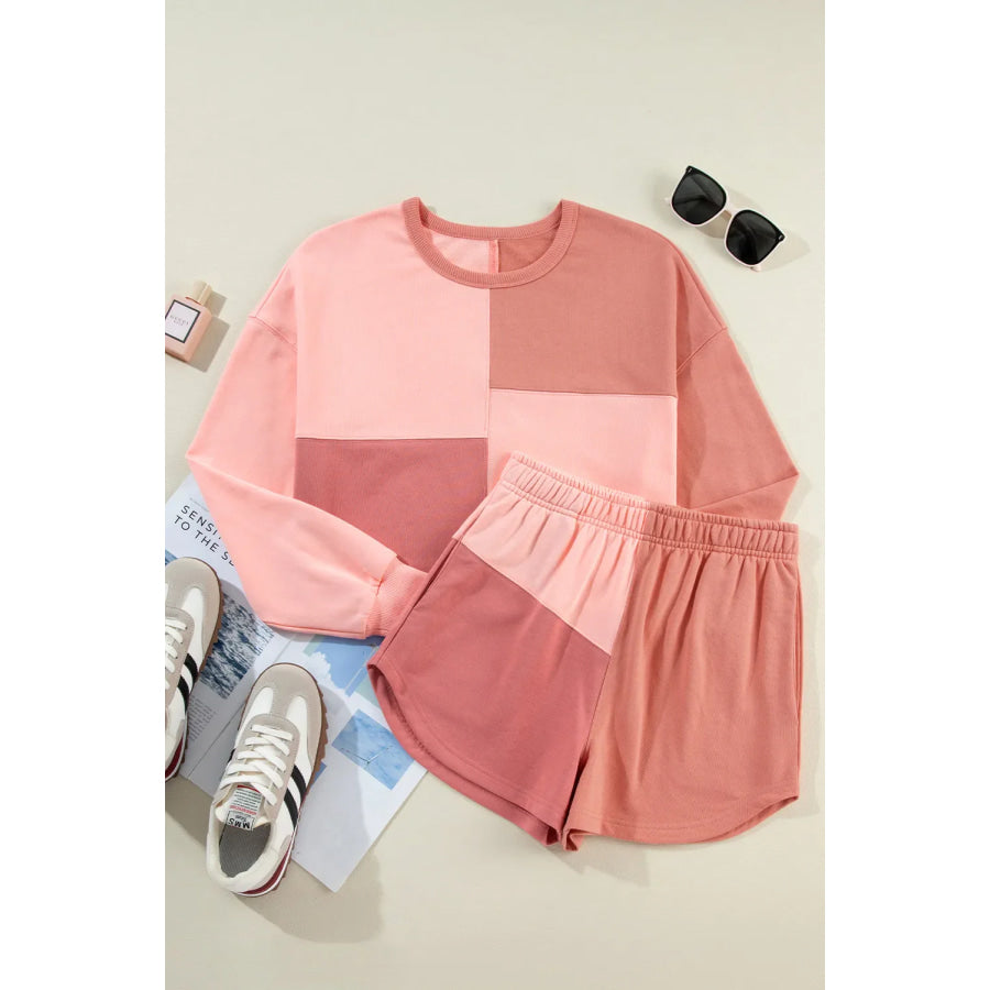 Color Block Round Neck Top and Shorts Set Apparel and Accessories
