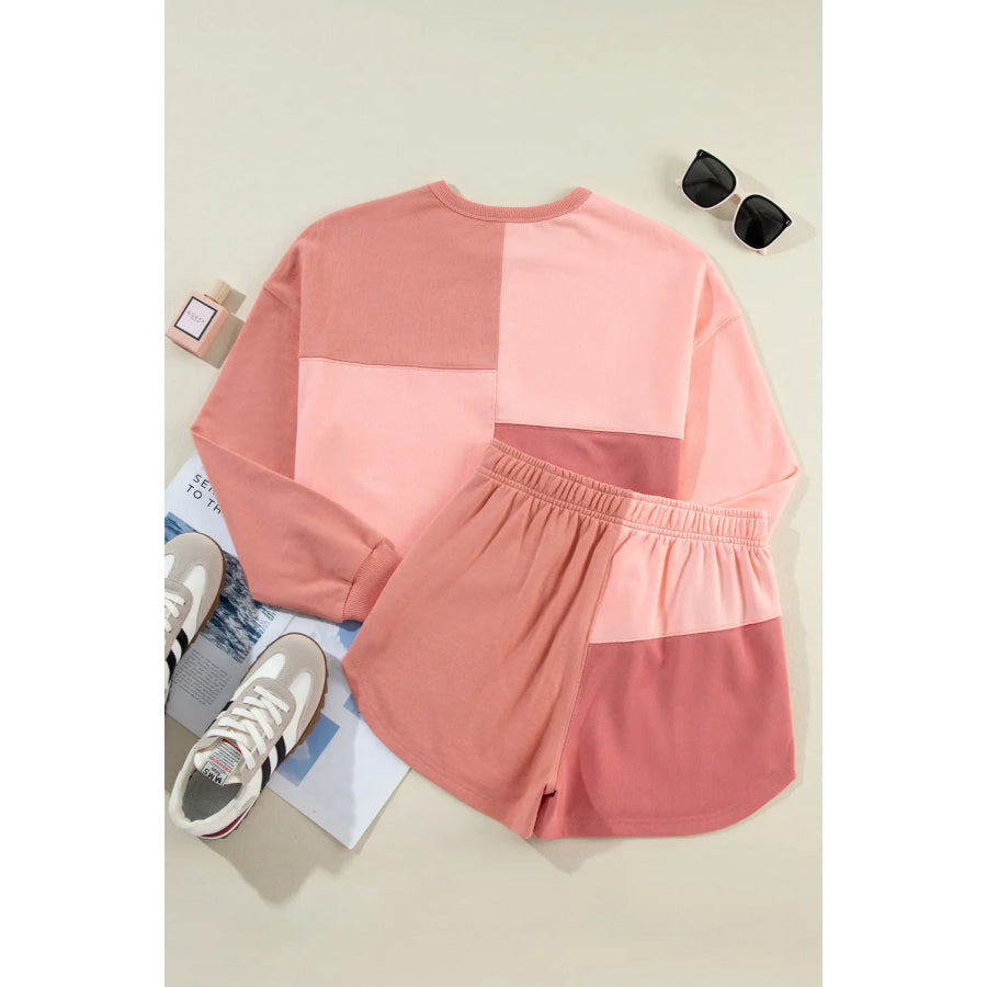 Color Block Round Neck Top and Shorts Set Apparel and Accessories