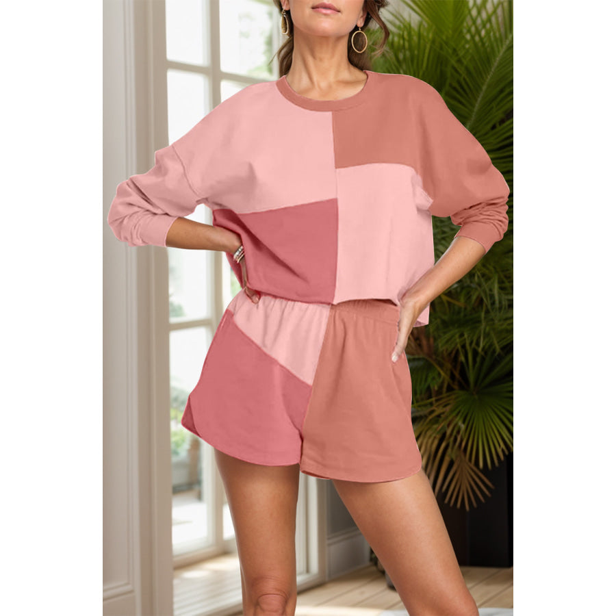 Color Block Round Neck Top and Shorts Set Dusty Pink / S Apparel and Accessories