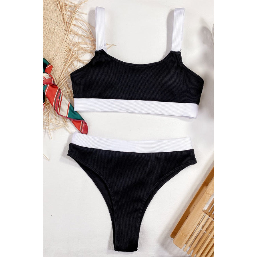 Color Block Scoop Neck Bikini Set Black / S