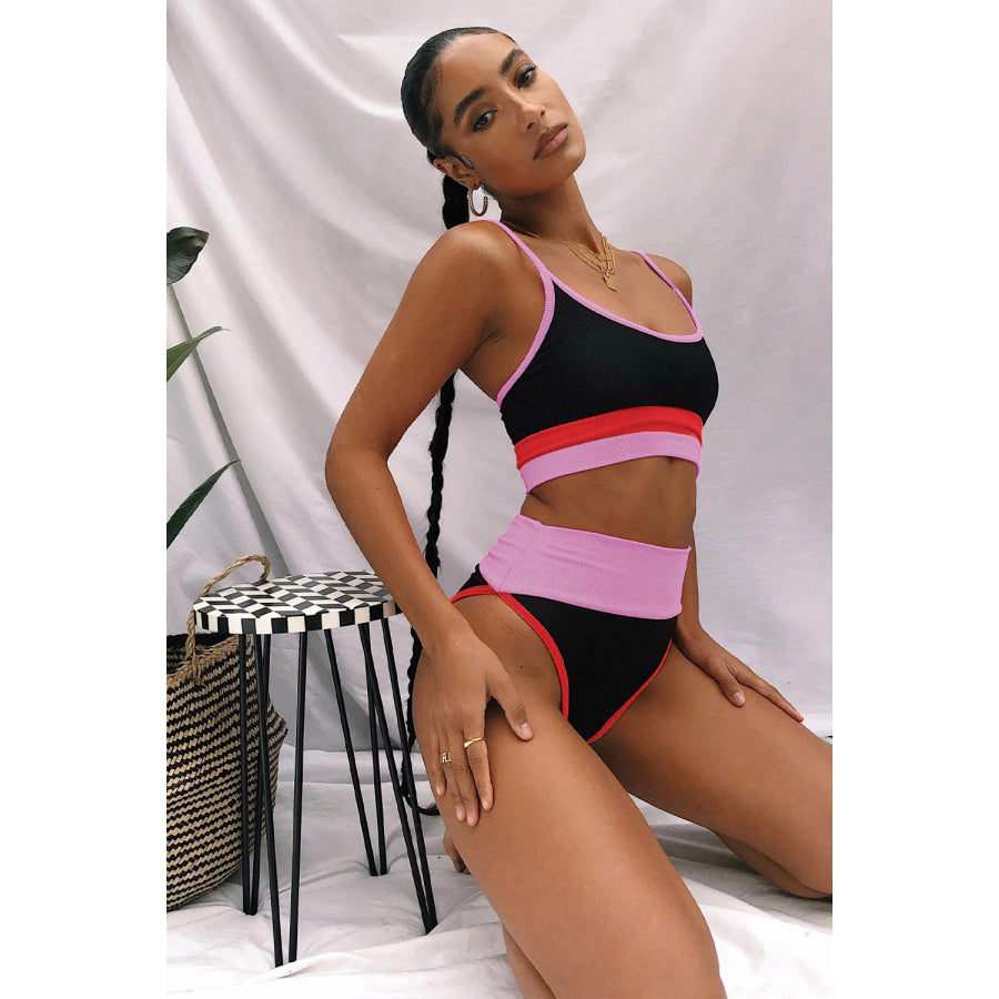 Color Block Spaghetti Strap Two-Piece Swim Set Carnation Pink / S Apparel and Accessories