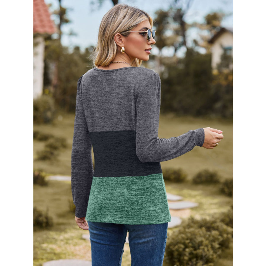 Color Block Square Neck Long Sleeve T-Shirt Apparel and Accessories