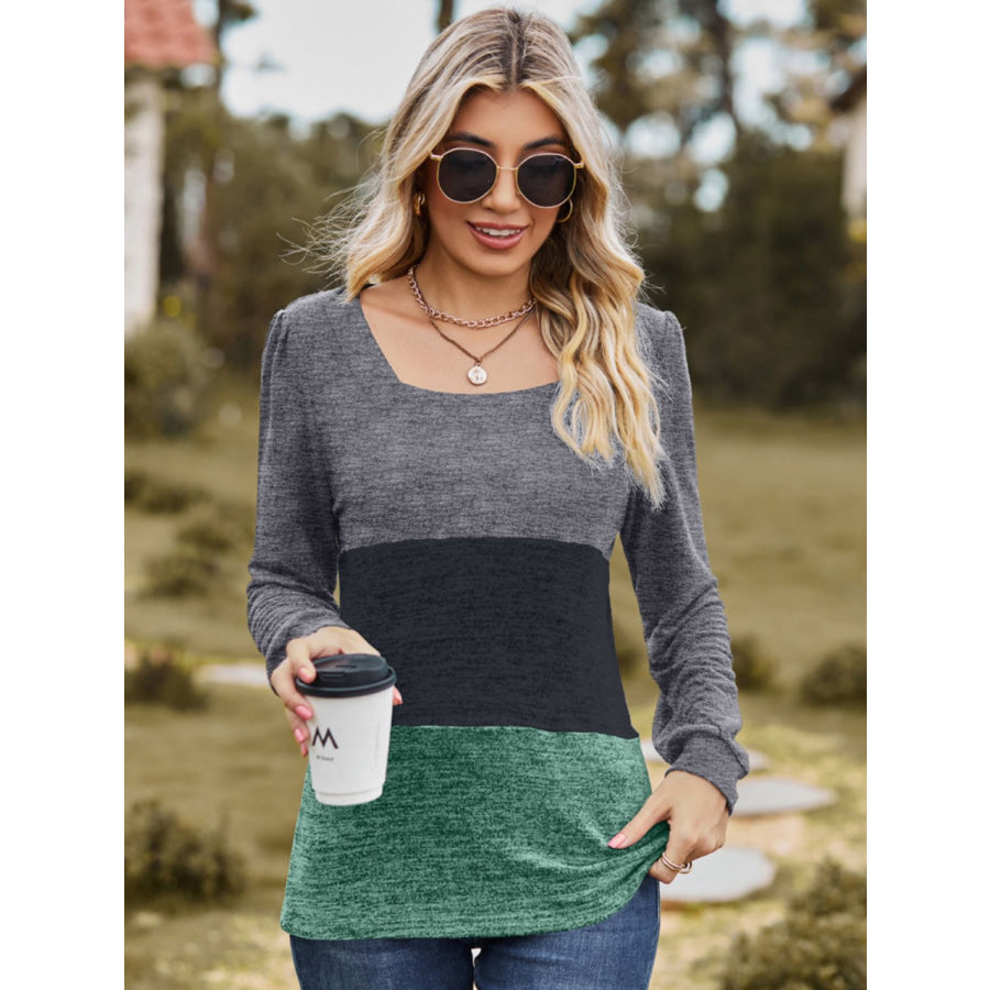 Color Block Square Neck Long Sleeve T-Shirt Apparel and Accessories