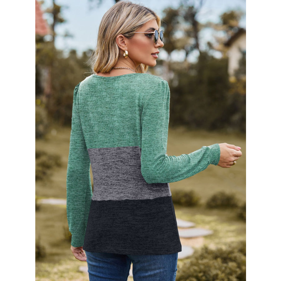 Color Block Square Neck Long Sleeve T-Shirt Apparel and Accessories