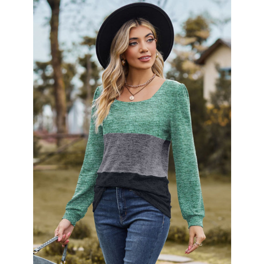 Color Block Square Neck Long Sleeve T-Shirt Gum Leaf / S Apparel and Accessories