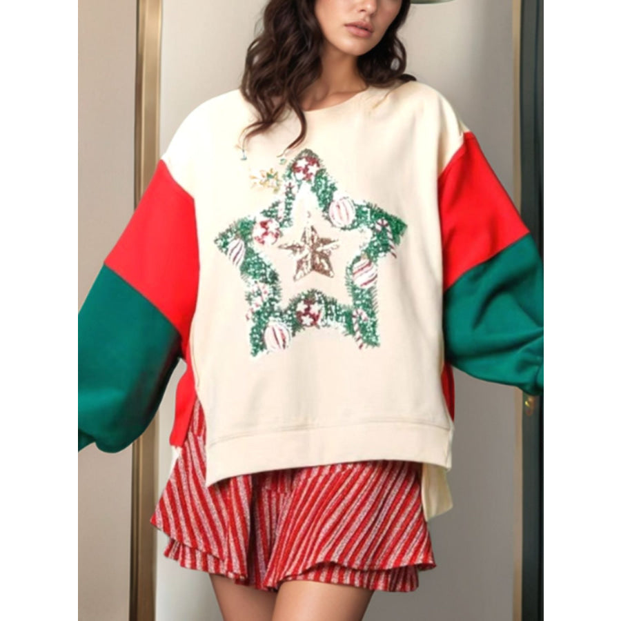 Color Block Star Side Slit Lantern Sleeve Sweatshirt Apparel and Accessories