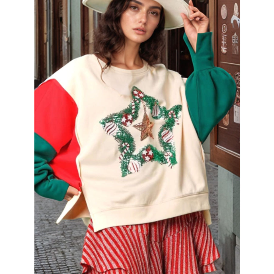 Color Block Star Side Slit Lantern Sleeve Sweatshirt Cream / S Apparel and Accessories