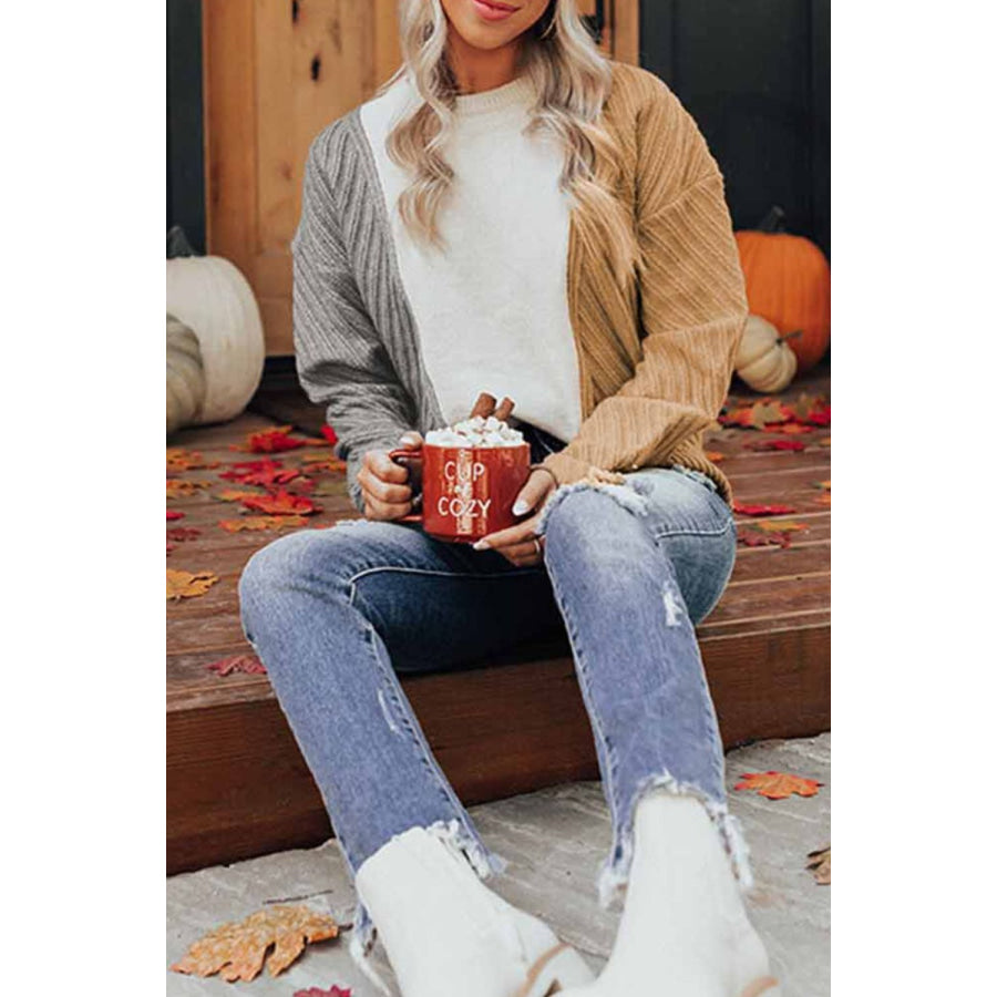 Color Block Textured Drop Shoulder Sweater Apparel and Accessories