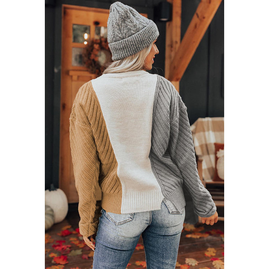 Color Block Textured Drop Shoulder Sweater Apparel and Accessories