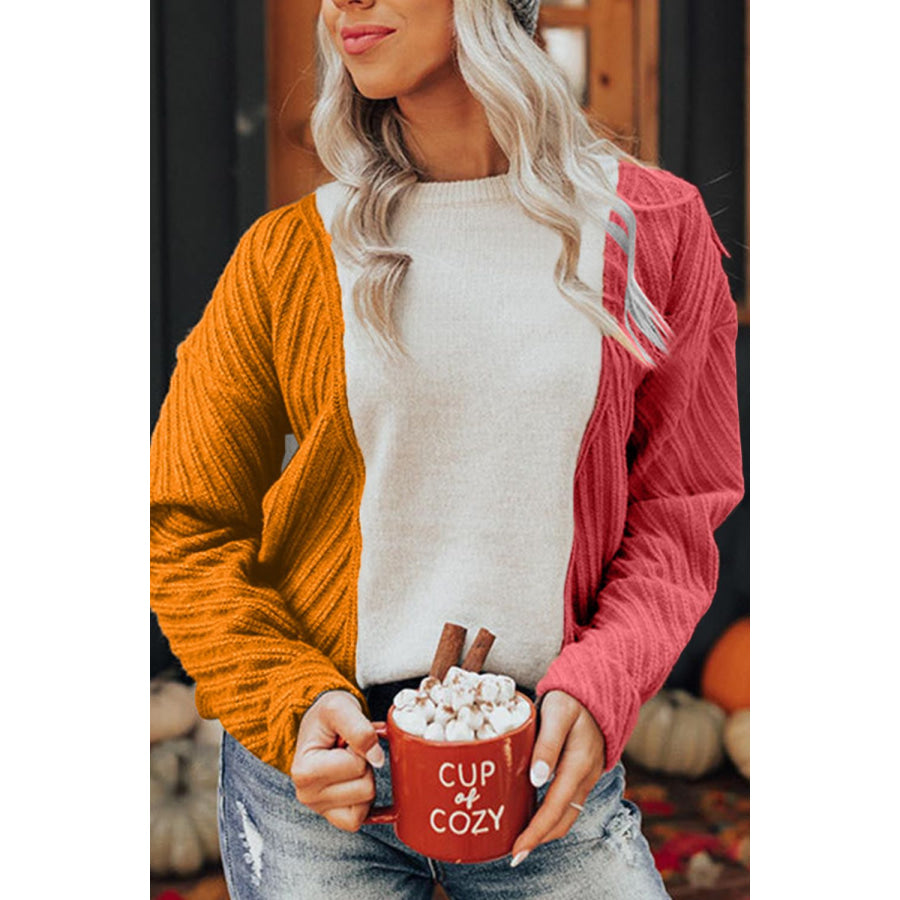 Color Block Textured Drop Shoulder Sweater Tangerine / S Apparel and Accessories
