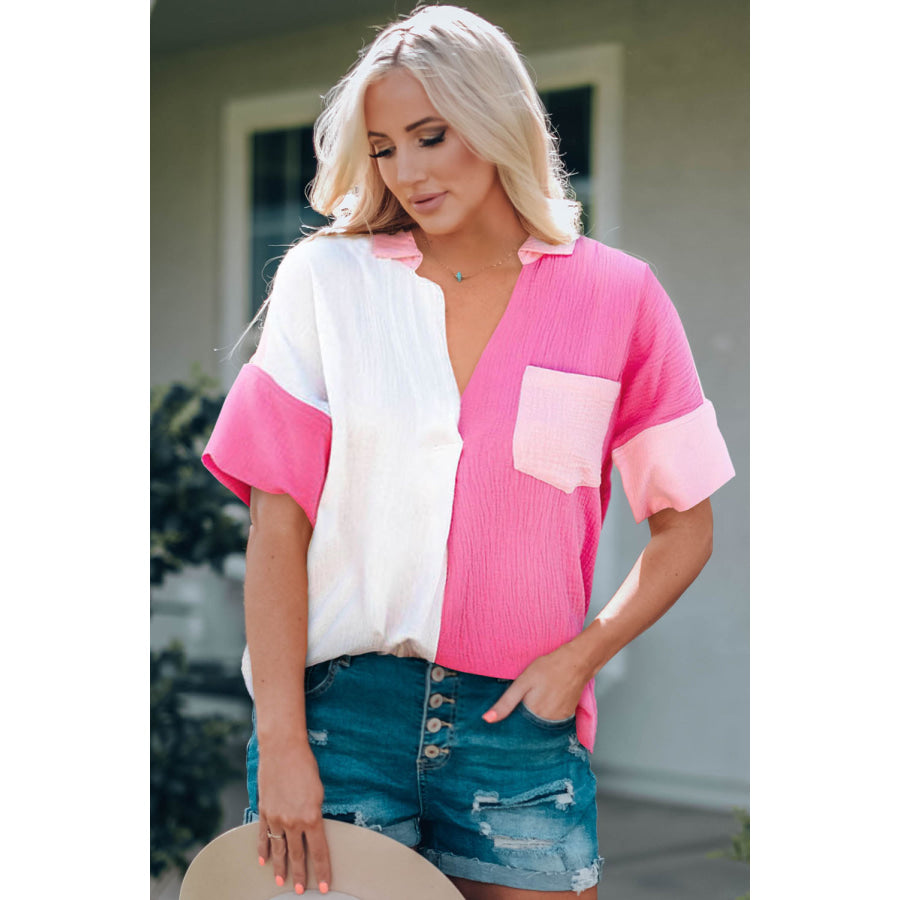 Color Block Textured Johnny Collar Blouse Hot Pink / S