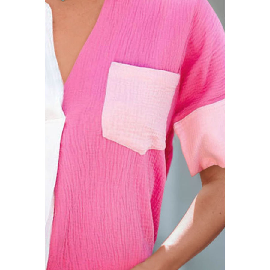 Color Block Textured Johnny Collar Blouse