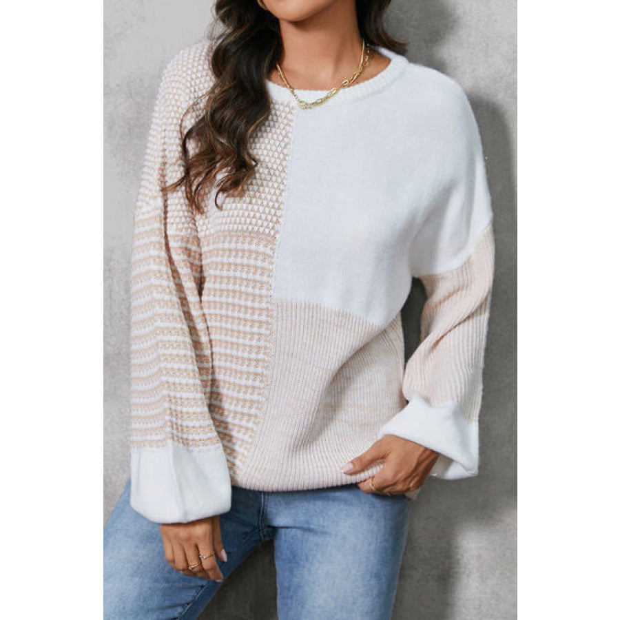 Color Block Tied Dropped Shoulder Sweater White / S Apparel and Accessories