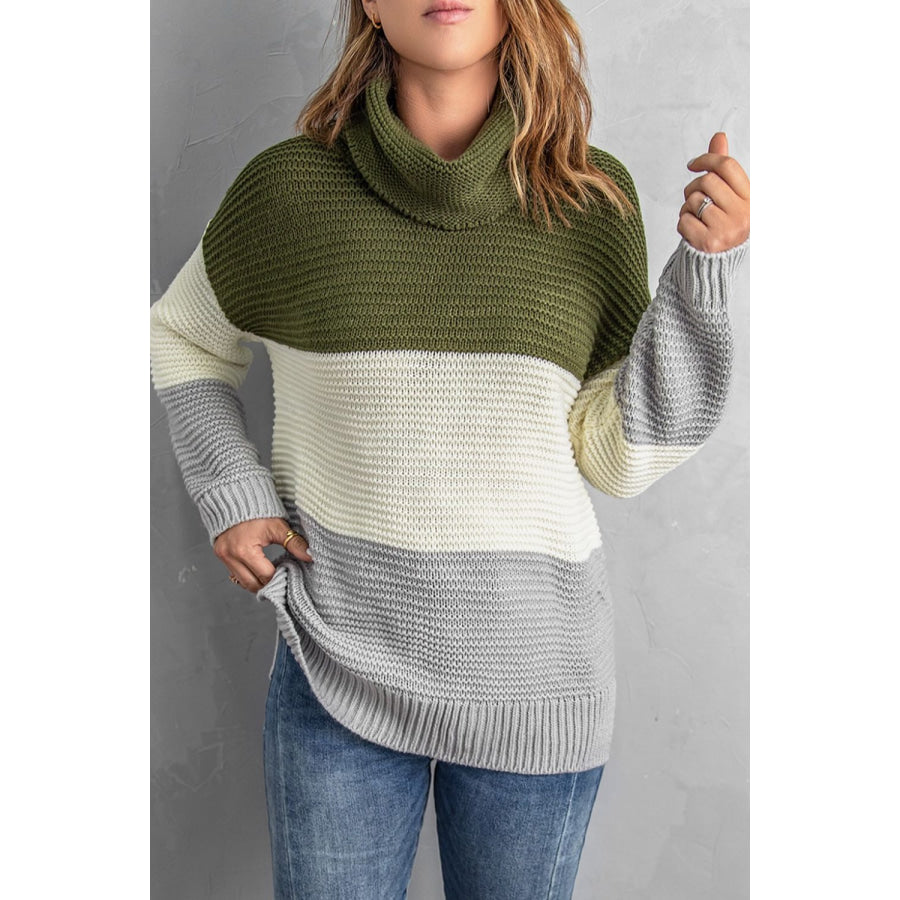 Color Block Turtleneck Long Sleeve Sweater Apparel and Accessories