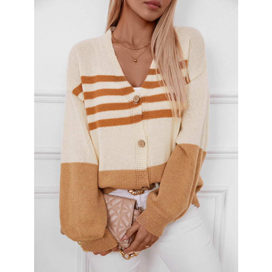 Color Block V-Neck Button Down Long Sleeve Cardigan Apparel and Accessories