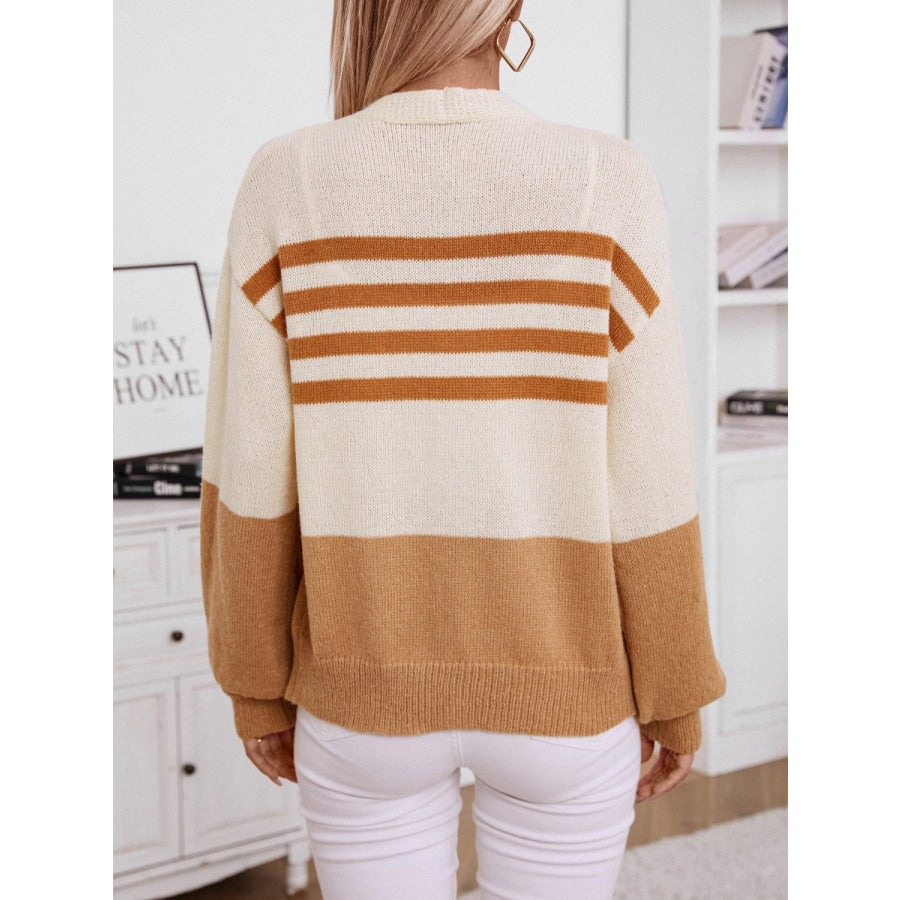 Color Block V-Neck Button Down Long Sleeve Cardigan Apparel and Accessories